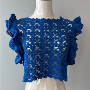 Zara Blue Crochet Ruffle Sleeve Top